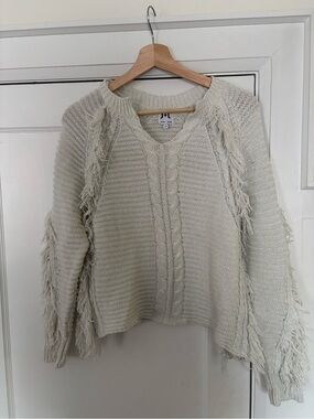 John + Jenn Cream Fringe Cable V-Neck Sweater